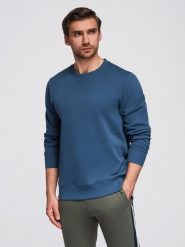 Męska bluza dresowa BASIC z okrągłym dekoltem - granatowa V4 - Rozmiar: S. Niebieskie bluzy męskie Ombre Clothing, m, bez wzorów, z bawełny, bez kaptura. Za 145.99 zł.