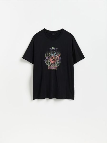 T-shirt Scooby Doo - czarny. Czarne t-shirty męskie Reserved, l, bez wzorów, z bawełny, bez kołnierzyka. Za 79.99 zł.
