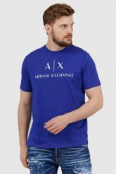 ARMANI EXCHANGE Niebieski t-shirt męski z białym logo, Rozmiar L. Niebieskie t-shirty męskie Armani Exchange, l, bez wzorów, prążkowane, bez kołnierzyka. W wyprzedaży za 152.99 zł.