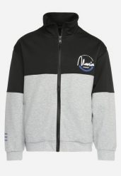 Czarno-Szara Kurtka Dresowa z Wysokim Kołnierzem i Nadrukiem Lwanes. Czarne kurtki męskie Born2be, l, bez wzorów, z dresówki, sportowe, bez kaptura. Za 139.99 zł.