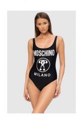 MOSCHINO Czarny strój kąpielowy z białym logo. Czarne kostiumy jednoczęściowe damskie MOSCHINO, s, bez wzorów, z poliamidu. W wyprzedaży za 429.99 zł.