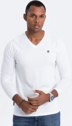 Ombre Longsleeve męski z elastanem sygnowany z dekoltem w serek - biały V1 OM-LSCL-0110 M. Białe bluzki z długim rękawem męskie Ombre, m, bez wzorów, z elastanu, bez kołnierzyka. Za 79.99 zł.