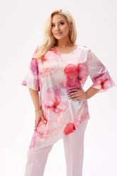 Elegancka tunika Liliana z asymetrycznym krojem w kwiaty w odcieniach bieli i różu PLUS SIZE XXL. Czerwone bluzki damskie Moda Size Plus Iwanek, plus size, bez wzorów, z elastanu, eleganckie, z asymetrycznym kołnierzem, plus size, bez ramiączek. Za 239.90 zł.