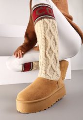 Brązowe Kozaki z Ekozamszu na Grubej Podeszwie z Dzianinową Cholewką o Skarpetkowym Fasonie Kaielia. Brązowe kozaki damskie Renee, z dzianiny, bez obcasa, na płaskiej podeszwie. Za 109.99 zł.