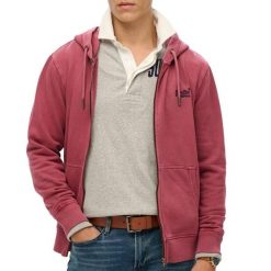 Rozpinany, wyblakły hoodie z logo Superdry Essential. Brązowe bluzy męskie Superdry., m, bez wzorów, z kapturem. Za 368.05 zł.