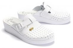 SANITAL FLEX 708 white, klapki profilaktyczne damskie. Białe klapki damskie Sanital-Flex, bez wzorów, ze skóry, bez obcasa. Za 119.90 zł.