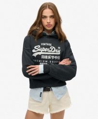 Luźna bluza z kapturem metalicznym Vl. Czarne bluzy damskie Superdry., bez wzorów, z bawełny, z kapturem. Za 283.40 zł.