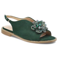 Zielone Sandały S.Barski Eleganckie Obuwie Damskie. Zielone klapki damskie S.BARSKI, z aplikacjami, z zamszu, bez obcasa, na płaskiej podeszwie, bez zapięcia. Za 169.00 zł.