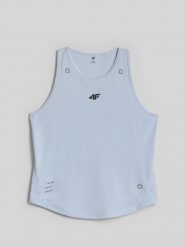 4F Top treningowy regular szybkoschnący damski - niebieski L. Niebieskie koszulki sportowe damskie 4f, l, bez wzorów, bez kołnierzyka, bez ramiączek, na fitness i siłownię. Za 99.99 zł.