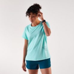Koszulka do biegania damska Kiprun Run 500 Dry. Niebieskie koszulki sportowe damskie KIPRUN, m, bez wzorów, z elastanu, bez kołnierzyka, bez ramiączek, do biegania. Za 59.99 zł.