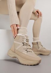 Ciemnobeżowe Śniegowce na Grubej Podeszwie z Geometrycznym Wzorem Alwedea. Brązowe śniegowce i trapery damskie Born2be, z jeansu. Za 119.99 zł.