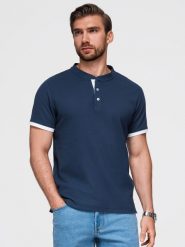 Koszulka męska polo bez kołnierzyka - granatowa V4 - Rozmiar: XXL. Niebieskie koszulki polo męskie Ombre Clothing, m, bez wzorów, z bawełny, bez ramiączek. Za 139.99 zł.