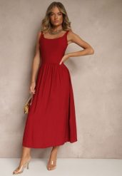 Bordowa Rozkloszowana Sukienka z Wiskozy Milunisa. Czerwone sukienki damskie Renee, na co dzień, m, bez wzorów, z jeansu, eleganckie, bez kołnierzyka, bez ramiączek, maxi, rozkloszowane. Za 59.99 zł.