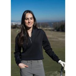 Damski golfowy sweter Swinley – Miękki, elastyczny, szybkoschnący half-zip. Czarne obuwie sportowe damskie FLAIRWAY GOLF, bez wzorów, z tkaniny, na golfa. Za 362.00 zł.