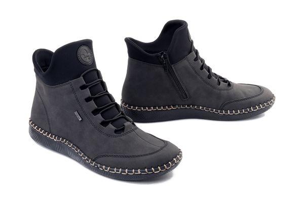 Rieker N2455-45 grey, botki damskie. Szare botki damskie Rieker, bez obcasa, bez zapięcia. Za 369.90 zł.