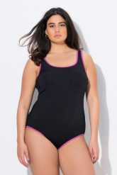 Damskie Strój kąpielowy kolorowe wypustki bez miękkich miseczek okrągły dekolt. Czarne kostiumy jednoczęściowe damskie Ulla Popken, plus size, bez wzorów, z elastanu, sportowe, plus size, do pływania. Za 199.99 zł.