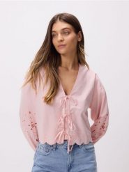 Bluzka z wiązaniem - brzoskwiniowy. Pomarańczowe bluzki damskie Reserved, l, bez wzorów, z bawełny, bez kołnierzyka, bez ramiączek. Za 119.99 zł.