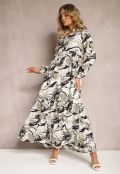 Biała Sukienka o Rozkloszowanym Fasonie w Abstrakcyjny Print Aganotha. Białe sukienki damskie Renee, na spotkanie biznesowe, l, z aplikacjami, eleganckie, bez kołnierzyka, bez ramiączek, maxi, rozkloszowane. Za 139.99 zł.