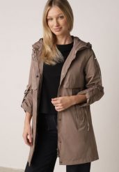 Ciemnobeżowa Przejściowa Kurtka Parka z Kapturem i Podwijanymi Rękawami Tinarose. Brązowe kurtki damskie Born2be, s, bez wzorów, z dresówki, z kapturem. Za 169.99 zł.