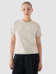 4F T-shirt regular z nadrukiem damski - beżowy XXL. Brązowe koszulki sportowe damskie 4f, xs, bez wzorów, z bawełny, klasyczne, bez kołnierzyka. W wyprzedaży za 29.99 zł.