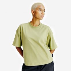 Koszulka Crop damska. Zielone t-shirty damskie Decathlon, l, bez wzorów, z bawełny, bez kołnierzyka. Za 54.99 zł.