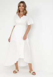 Biała Sukienka z Wiskozy Aeraste. Białe sukienki damskie Born2be, na imprezę, l, z aplikacjami, z bawełny, z asymetrycznym kołnierzem, bez ramiączek, maxi, asymetryczne. Za 29.99 zł.