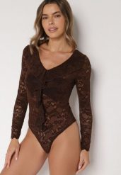 Brązowe Koronkowe Body z Falbanką Vidane. Brązowe bluzki damskie Born2be, s, z aplikacjami, z jeansu, eleganckie, bez kołnierzyka, bez ramiączek. Za 89.99 zł.