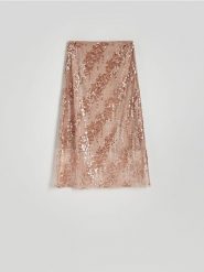 Spódnica z naszywanymi cekinami - brązowy. Brązowe spódnice damskie Reserved, l, bez wzorów, z tkaniny, midi. W wyprzedaży za 79.99 zł.