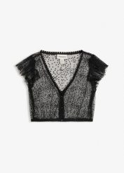 Bluzka w ludowym stylu. Czarne bluzki damskie bonprix, bez wzorów, z tiulu, bez kołnierzyka, bez ramiączek. Za 119.99 zł.