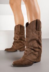 Brązowe Botki Kowbojki z Cholewką Imitującą Nogawkę Zellaxie. Brązowe botki damskie Renee, z jeansu, boho, bez obcasa, na obcasie, bez zapięcia. Za 159.99 zł.