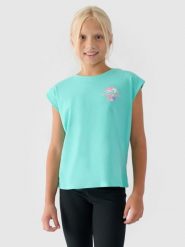 4F Top z nadrukiem dziewczęcy - turkusowy 134 (8-9 lat). Niebieskie t-shirty i topy dla dziewczynek 4f, bez wzorów, z bawełny, bez ramiączek. W wyprzedaży za 19.99 zł.