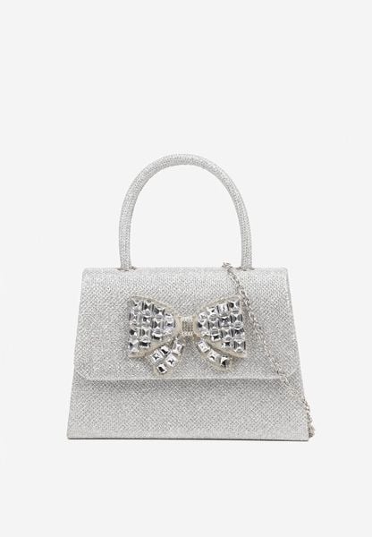 Srebrna Koktajlowa Torebka Ozdobiona Kokardą z Cyrkonii Aclena. Szare torby na ramię damskie Born2be, bez wzorów, małe, bez dodatków. Za 49.99 zł.