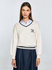 Bluza damska w stylu college z haftem z dekoltem v-neck kremowa Gabriella 103. Białe bluzy sportowe damskie Big Star, l, bez wzorów, z denimu, bez kaptura, trekkingowe. Za 199.99 zł.