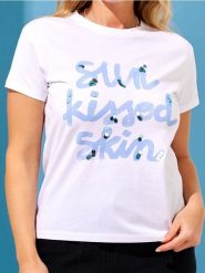Bawełniana koszulka z napisem i cekinami - biały. Białe t-shirty damskie Sinsay, l, bez wzorów, z bawełny, bez kołnierzyka. W wyprzedaży za 19.99 zł.