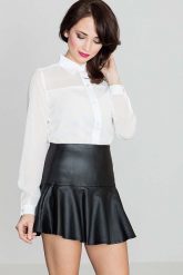 Czarna Szykowna Mini Spódnica Wykończona Szeroką Falbanką. Czarne spódnice damskie Katrus, s, bez wzorów, z elastanu, eleganckie, mini. Za 179.00 zł.