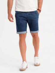 Szorty jeansowe męskie z podwinięta nogawką - ciemnoniebieskie V2 OM-SRDS-0161 - XXL. Niebieskie szorty męskie Ombre Clothing, na lato, l, bez wzorów, z bawełny, eleganckie. W wyprzedaży za 89.99 zł.