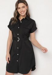 Czarna Sukienka Koszulowa z Bawełną z Ozdobnym Paskiem i Kieszeniami Efrissa. Czarne sukienki damskie Born2be, na spotkanie biznesowe, xl, bez wzorów, z bawełny, eleganckie, bez kołnierzyka, bez ramiączek, midi, koszulowe. Za 109.99 zł.