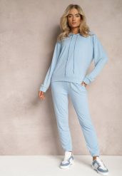 Jasnoniebieski Klasyczny Komplet Dresowy z Bluzą Kangurką i Spodniami Typu Jogger Salevia. Niebieskie bluzy damskie Renee, m, bez wzorów, z dresówki, bez kaptura. Za 74.99 zł.