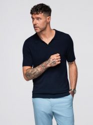 Koszulka męska polo bez guzików z klasycznym splotem – granatowa V1 - Rozmiar: XXL. Niebieskie koszulki polo męskie Ombre Clothing, m, bez wzorów, z dzianiny, eleganckie, bez ramiączek. W wyprzedaży za 149.99 zł.