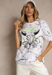 Biała Bawełniana Koszulka T-shirt z Nadrukiem Lanessae. Białe bluzki damskie Renee, l, z aplikacjami, z bawełny, eleganckie, bez kołnierzyka. Za 34.99 zł.