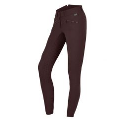 Spodnie do jazdy konnej z pełnym silikonowym gripem, wysokie w pasie dla kobiet. Brązowe spodnie materiałowe damskie ELT, bez wzorów. Za 474.00 zł.