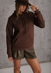 Brązowa Bluza z Kapturem i Kangurową Kieszenią z Przodu Amerie. Brązowe bluzy damskie Renee, l, bez wzorów, z jeansu, z kapturem. Za 69.99 zł.