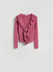 Sweter z falbanką - jasnofioletowy. Fioletowe swetry damskie Reserved, l, bez wzorów, z dzianiny, bez kołnierzyka, bez ramiączek, bez kaptura. Za 129.99 zł.