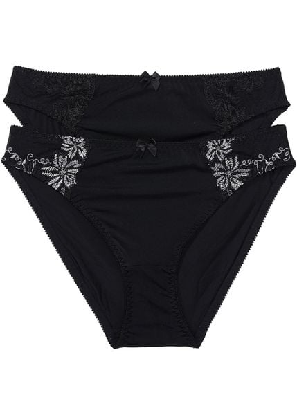 Figi (2 pary). Czarne figi damskie bonprix, z aplikacjami, z bawełny. Za 67.99 zł.