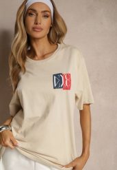 Beżowa Koszulka z Bawełny z Ozdobnym Nadrukiem Olinesse. Brązowe bluzki damskie Renee, l, bez wzorów, z bawełny, klasyczne, bez kołnierzyka. Za 29.99 zł.
