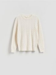 Wełniany sweter o warkoczowym splocie - złamana biel. Swetry przez głowę męskie Reserved, l, bez wzorów, z dzianiny, bez kołnierzyka. Za 239.99 zł.