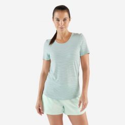 Koszulka do biegania damska Kiprun Run 500 Comfort. Niebieskie koszulki sportowe damskie KIPRUN, m, bez wzorów, z materiału, sportowe, bez kołnierzyka. Za 89.99 zł.