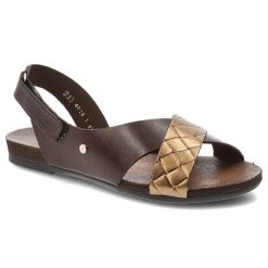 Sandały damskie Armodo, cholewka ze skóry naturalnej z kontrastowym plecionym paskiem o metalicznym wykończeniu, brązowe, 40141. Brązowe klapki damskie Armodo, bez wzorów, ze skóry, bez obcasa, bez zapięcia. Za 299.00 zł.