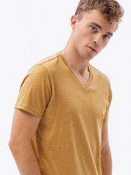 Klasyczna męska koszulka z dekoltem w serek BASIC - musztardowy melanż V19. T-shirty męskie Ombre Clothing, m, bez wzorów, z jeansu, klasyczne, bez kołnierzyka. W wyprzedaży za 19.99 zł.