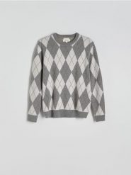 Sweter z dodatkiem wełny - szary. Szare swetry przez głowę męskie Reserved, l, bez wzorów, z dzianiny, bez kołnierzyka. W wyprzedaży za 69.99 zł.